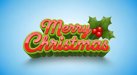Merry christmas" 3d glossy text with holly berries on blue background holiday season