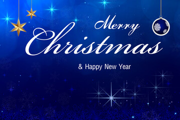 Merry Christmas with blue ball, stars, gold on blue background