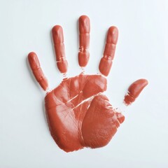 Earthy red textured handprint deeply impressed on a bright white background, revealing intricate palm and finger details.