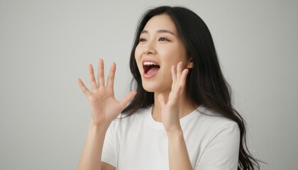 Fototapeta premium Beautiful young Asian woman calling out loudly with an excited, happy expression, holding her hands up to amplify her voice against a simple neutral background