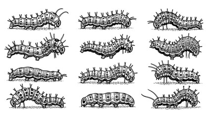 Steampunk caterpillar set in vintage monochrome design