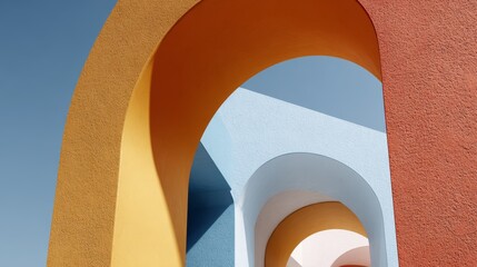 Vivid, colorful arched structures form a repetitive pattern against a clear sky, playing with light and shadow