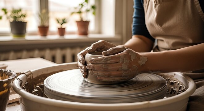 Female potter shaping clay on a pottery wheel in a sunlit studio, surrounded by potted plants and tools, showcasing the art of ceramics and craftsmanship