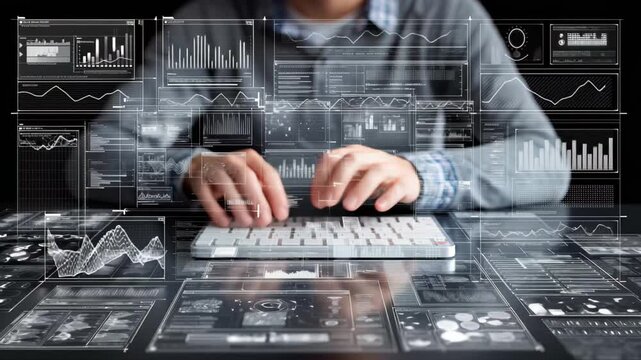Hands engaged in data analysis with digital interface elements displayed on a workspace in a modern setting focusing on technology and analytics