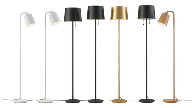 Collection of modern floor lamps isolated on transparent background