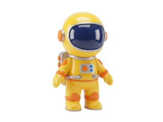 Yellow astronaut toy figure isolated PNG on transparent background, spaceman in spacesuit for kids and space exploration themes