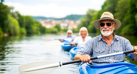 Senior man with gray beard and sunglasses paddling kayak on serene river, surrounded by lush greenery and fellow paddlers enjoying recreational outdoor activity