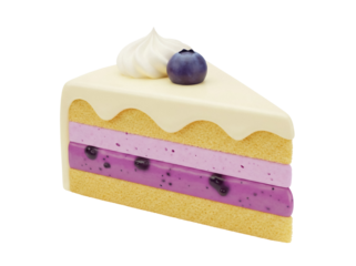 Delicious blueberry cake slice PNG isolated on transparent background, layered dessert with sponge cake and cream for bakery and patisserie