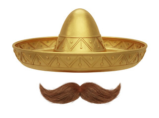 Golden sombrero and mustache isolated PNG, traditional Mexican hat and facial hair on transparent background for Cinco de Mayo celebration