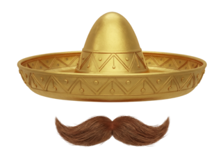 Golden sombrero and mustache isolated PNG, traditional Mexican hat and facial hair on transparent background for Cinco de Mayo celebration