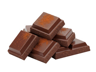 Delicious dark chocolate chunks with cocoa powder isolated PNG, gourmet dessert pieces on transparent background for confectionery designs