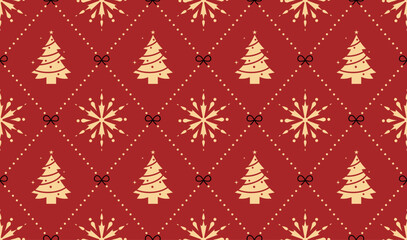 Retro Elegant Red Gold Christmas Seamless Pattern Art: Tree, Snowflake, and Bow Diamond Lattice Design