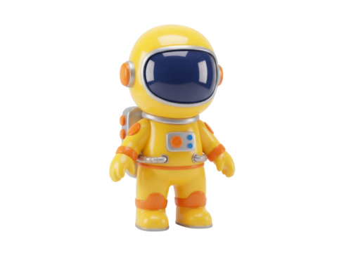 Yellow astronaut toy figure isolated PNG on transparent background, spaceman in spacesuit for kids and space exploration themes