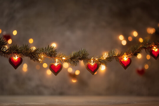 Rustic pine branch garland with red textile heart ornament and warm light bulb for romantic winter atmosphere in room - Powered by Adobe