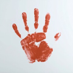 A striking red handprint prominently displayed on a clean light background. Every finger and the full palm are clearly outlined.