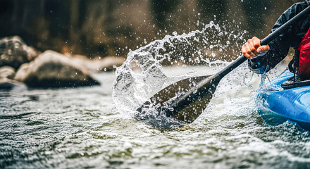 Kayaker paddling vigorously through clear water, splashes of water flying, surrounded by rocky shoreline, showcasing the thrill of outdoor adventure and recreation