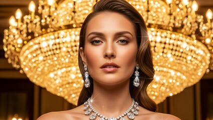 Beautiful woman portrait smiling under a luxury chandelier