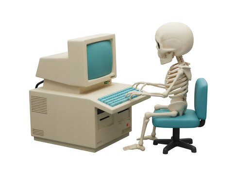 Cartoon skeleton using retro computer isolated PNG, funny dead programmer typing on keyboard for Halloween and technology concepts