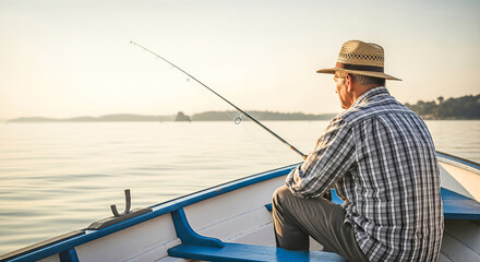 Obraz premium Senior man fishing from a small boat on calm water at sunset, wearing a straw hat and plaid shirt, enjoying a peaceful moment in nature with serene surroundings