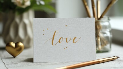 Close-up of a white card with "love" in gold script, gold heart, and gold pens, next to flowers in a vase