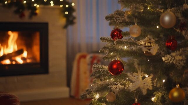 Cozy Christmas evening scene with a decorated festive tree and a warm, glowing fireplace in the background.