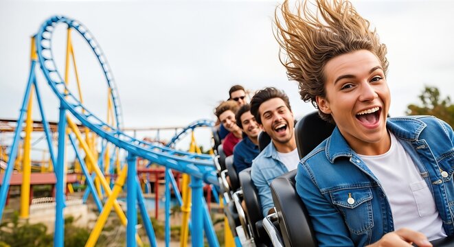 Group of young men enjoying thrilling roller coaster ride at amusement park, with vibrant blue and yellow tracks creating an exhilarating atmosphere of fun and excitement