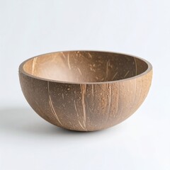 Rustic brown coconut bowl with visible fibrous texture and a smooth lighter interior, presented on a stark white backdrop.