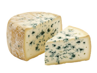 Wedge of blue cheese isolated PNG on transparent background, gourmet dairy product with mold for culinary use and food photography