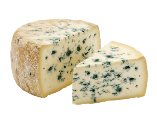 Wedge of blue cheese isolated PNG on transparent background, gourmet dairy product with mold for culinary use and food photography