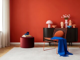 Vibrant modern living space with a bold red wall and eclectic decor elements creating an inviting atmosphere
