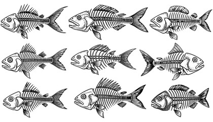 Hand drawn fish skeletons collection in vintage style for nautical design