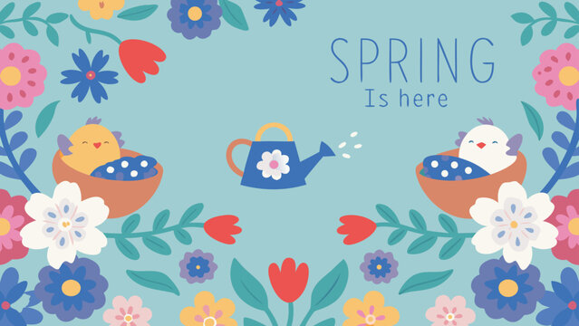 Charming spring illustration with cute chicks in nests a watering can and colorful flowers blooming against a soft blue background with the text spring is here