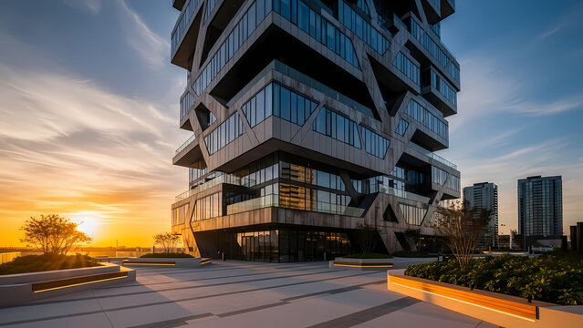 Modern architectural building with a unique geometric design at sunset, featuring a waterfront view and a spacious plaza. - Powered by Adobe