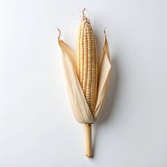 A pale yellow corn cob, its dried husks gently peeled back to reveal perfect rows of kernels on a pristine white surface.