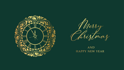 Christmas greeting card. Ornament new year background. Gold clock