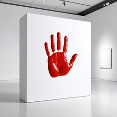 A vivid red painted hand dominates a tall white exhibition wall in a clean, brightly lit art gallery.