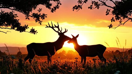 Silhouettes of a stag and a doe interacting under trees during a beautiful golden sunset.