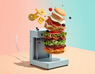 A futuristic food printer crafts a towering multi-layered burger with buns meats and fresh veggies floating perfectly into place on a vibrant dual-tone backdrop.