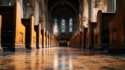Inside a serene church with wooden pews and stained glass windows highlighting the peaceful atmosphere of spirituality and reflection