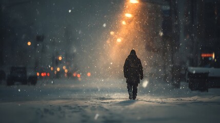 Silhouette of a Person Walking in Heavy Snowfall on a Dark Street