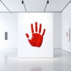 Vibrant red hand sculpture dominates a pristine white art gallery space. Minimalist abstract pieces flank the central artwork under bright track lighting.