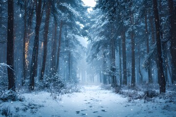 Foggy winter forest with snow-covered trees and path