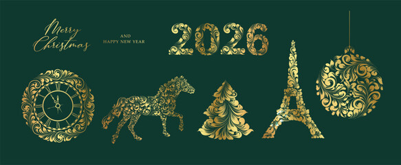Christmas vector holiday set gold ornament. Happy New year illustration. Elegant line art