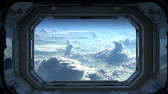 Expansive view of clouds and sky from a spacecraft window in outer space during daylight hours