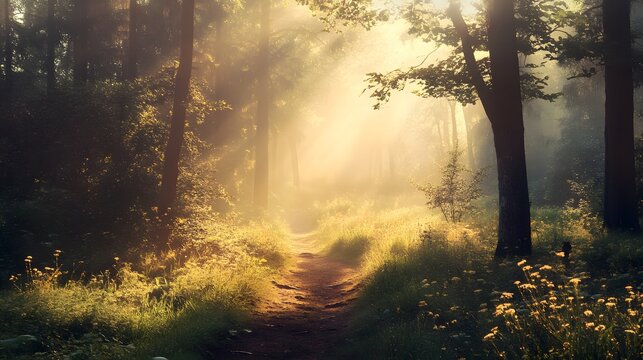 A sunlit path winds through a misty forest, bathed in golden light.