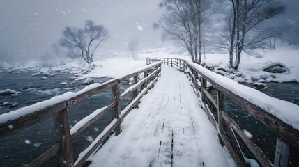 Snow covered bridge and road in a winter landscape