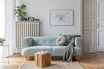 Stylish scandinavian living room interior with design mint sofa, furnitures, mock up poster map, plants, and elegant personal accessories. Home decor. Interior design. Template. Ready to use.