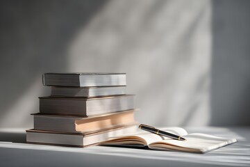 Stack of Books and Open Notebook with Pen and Sunlight Shadow
