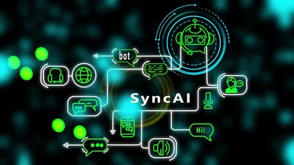 SyncAi, futuristic AI assistant interface animation featuring neon communication paths, smart chatbot icons, digital network flow, modern tech diagram, virtual interaction system design for advanced  - Powered by Adobe