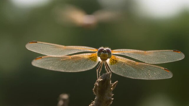 Delicate golden-winged dragonfly perched on a twig, facing forward with a soft, natural bokeh background